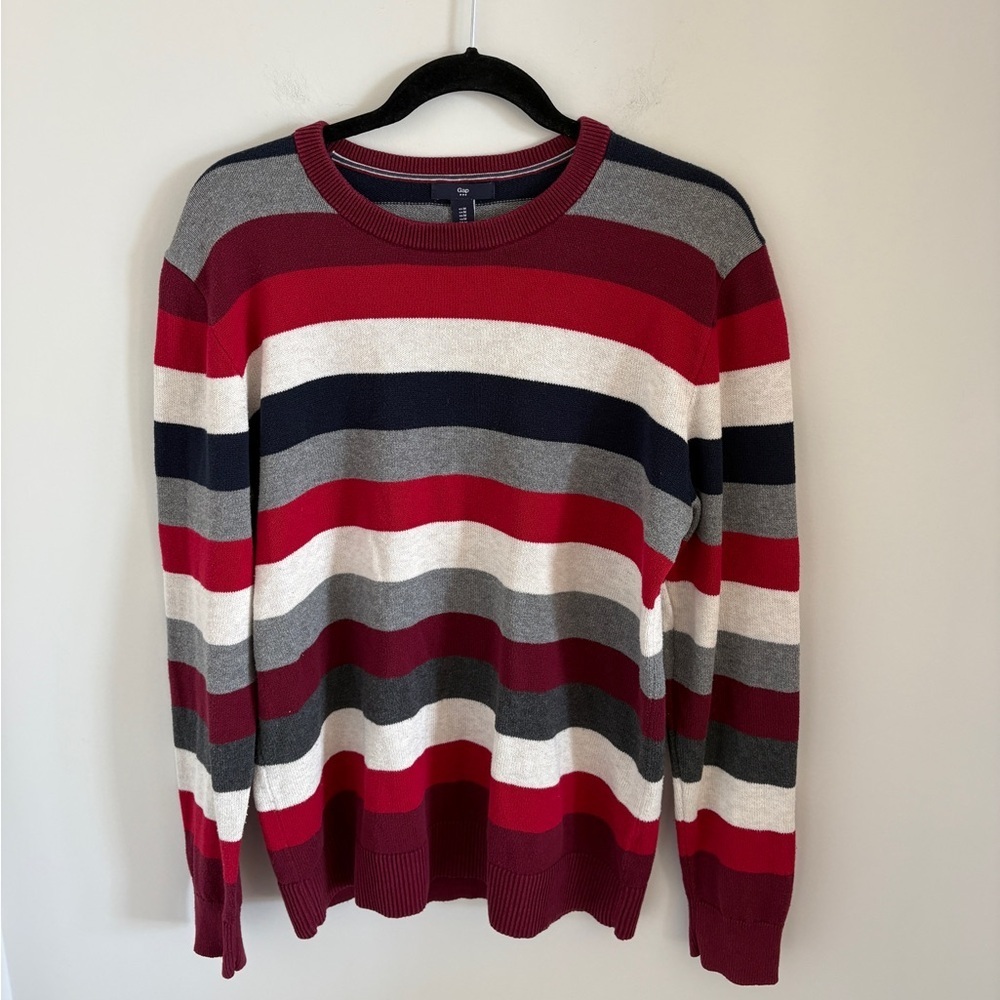 GAP Men's Striped Crewneck Sweater - Red, Gray, and Navy 100% Cotton Size M